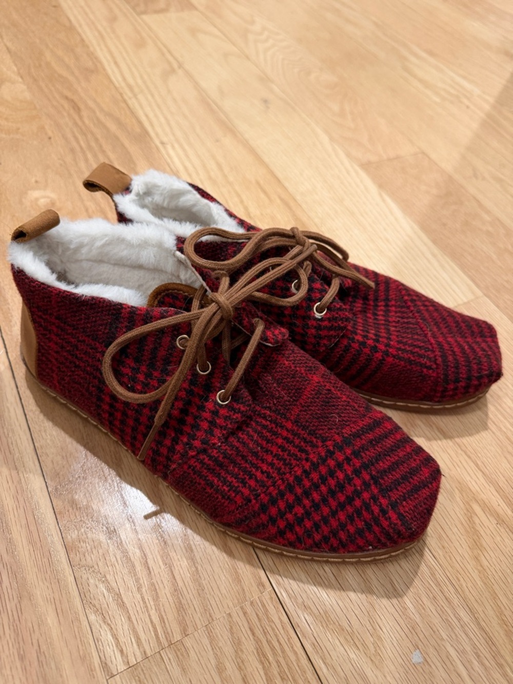 TOMS Red and Black Plaid Shoes with Brown Accents